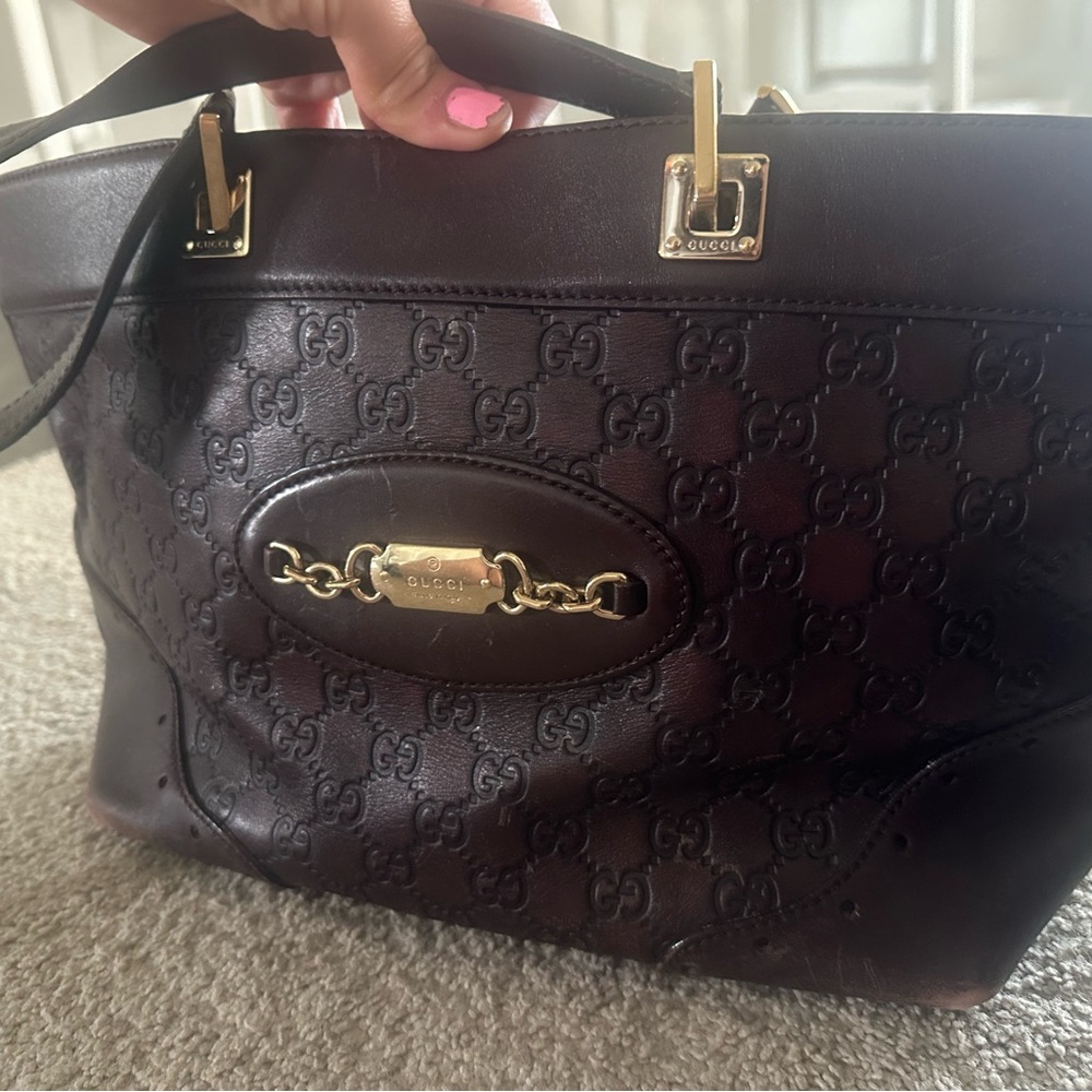 Gucci Dark Brown Embossed Leather Tote